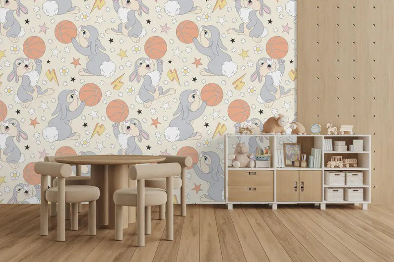 Bunny Play Basketball Nursery Wallpaper Mural