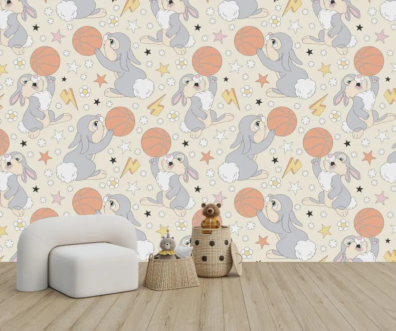 Bunny Play Basketball Nursery Wallpaper Mural