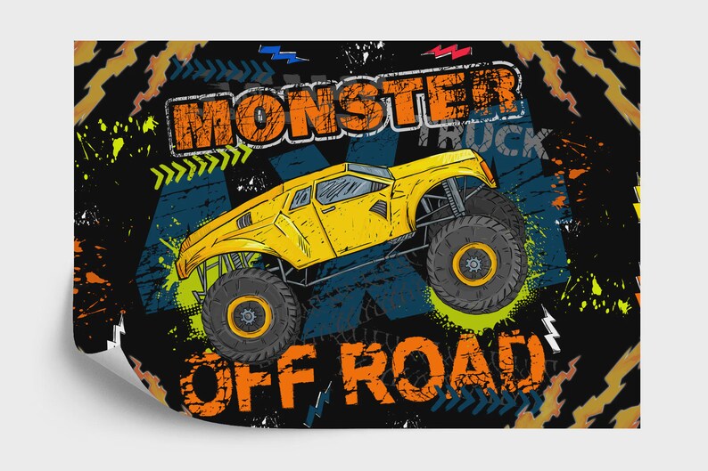 Wallpaper, Monster Truck Wall Mural, Kids Room Decor
