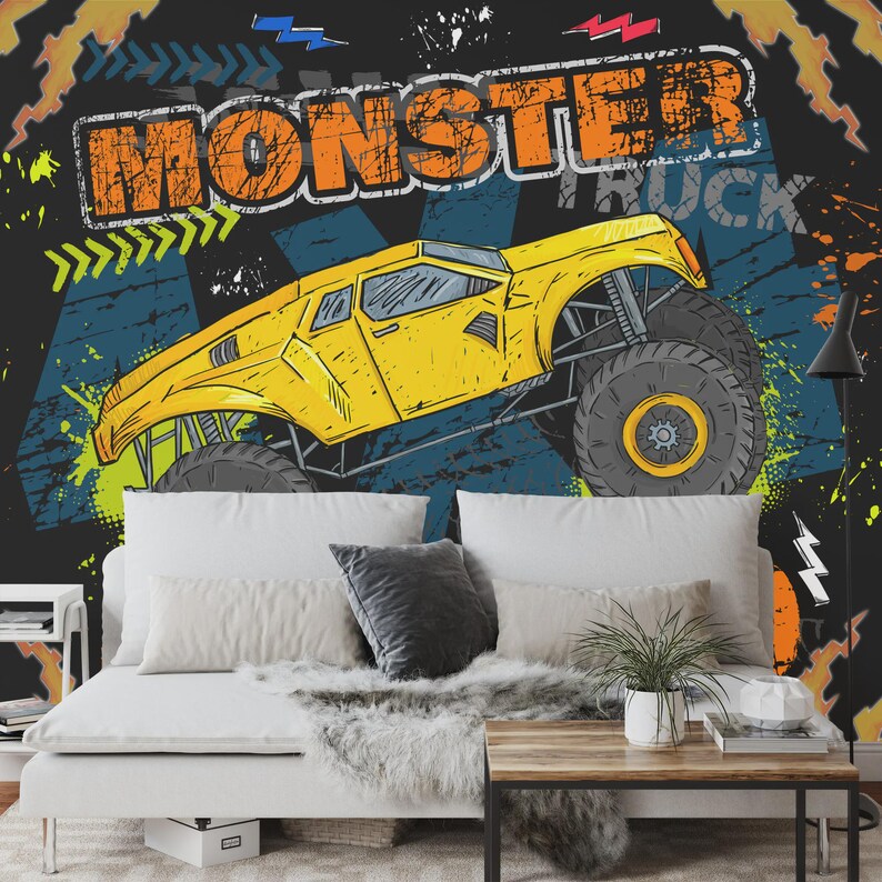 Wallpaper, Monster Truck Wall Mural, Kids Room Decor
