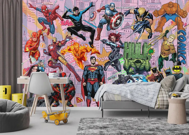 Superhero Comic Book Wallpaper Mural, Kids Room Decor