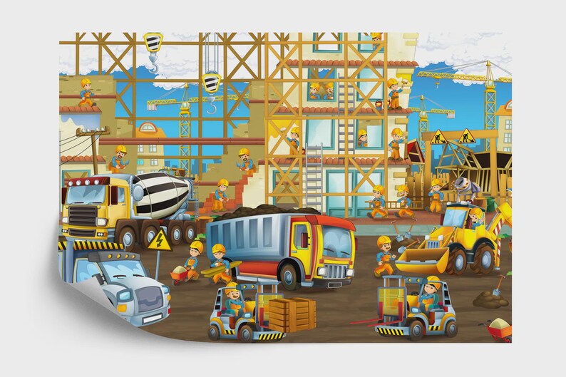 Cartoon Construction Site Kids, Nursery Wallpaper Mural