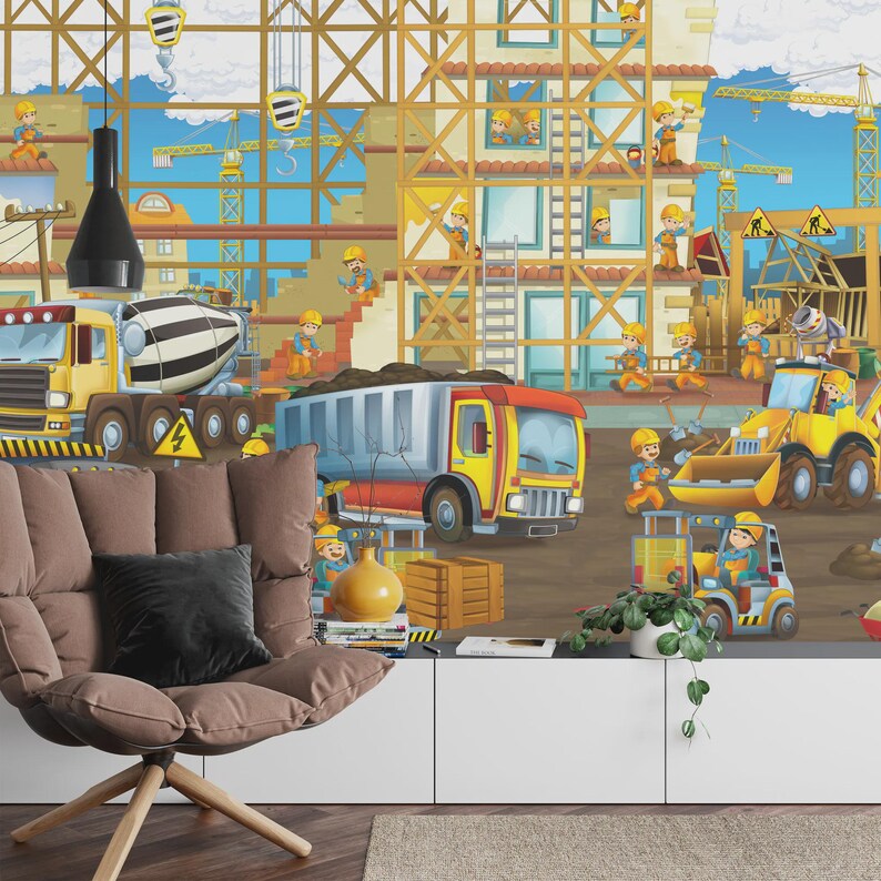 Cartoon Construction Site Kids, Nursery Wallpaper Mural