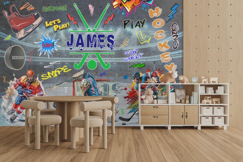 Hockey Graffiti Wall Mural, Boys Room