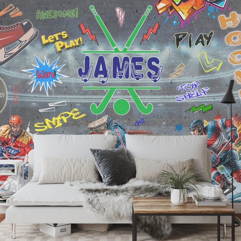 Hockey Graffiti Wall Mural, Boys Room