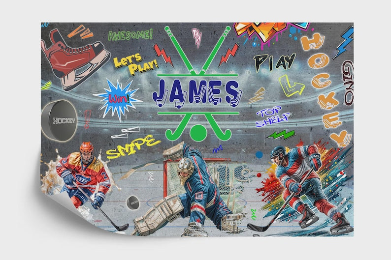 Hockey Graffiti Wall Mural, Boys Room