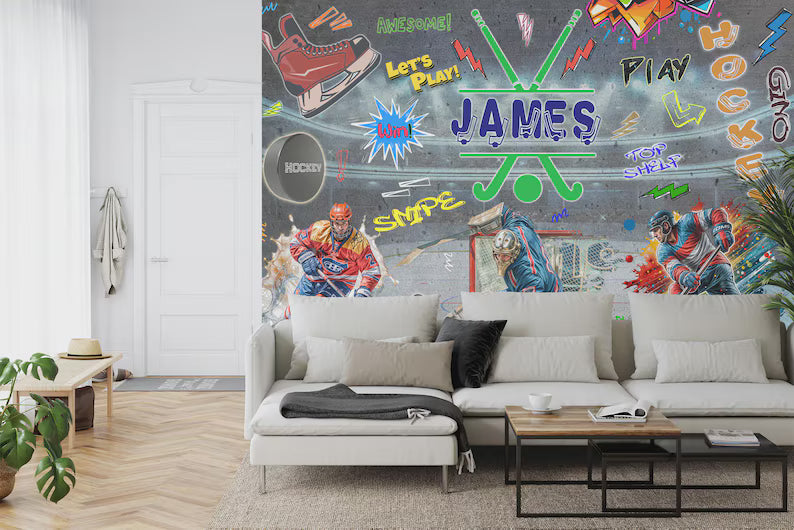 Hockey Graffiti Wall Mural, Boys Room