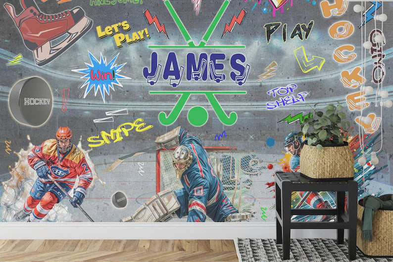 Hockey Graffiti Wall Mural, Boys Room