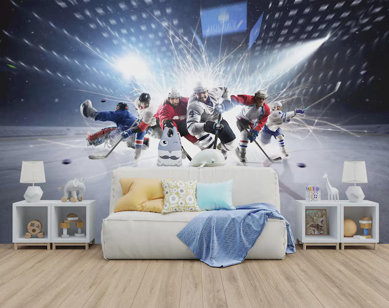 Hockey Players Wall Mural, Boys Room