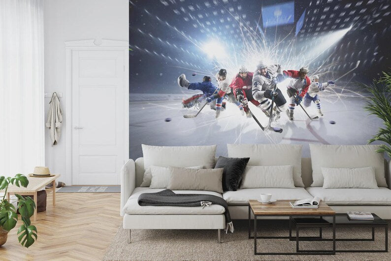 Hockey Players Wall Mural, Boys Room