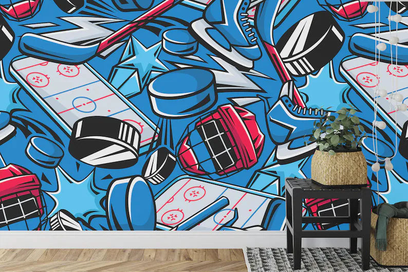 Hockey Graffiti Wall Mural, Boys Room