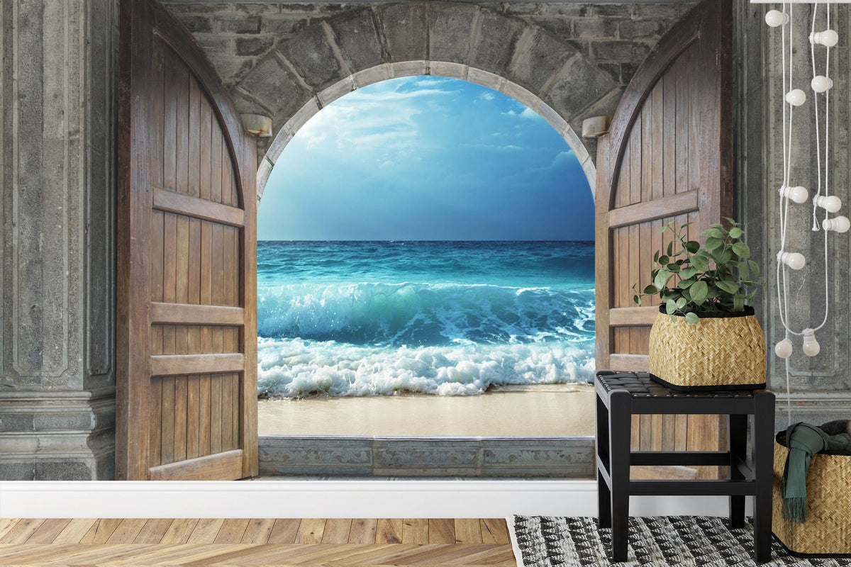 3D Castle Doorway to Sandy Beach and Ocean Wall Mural - product image 3