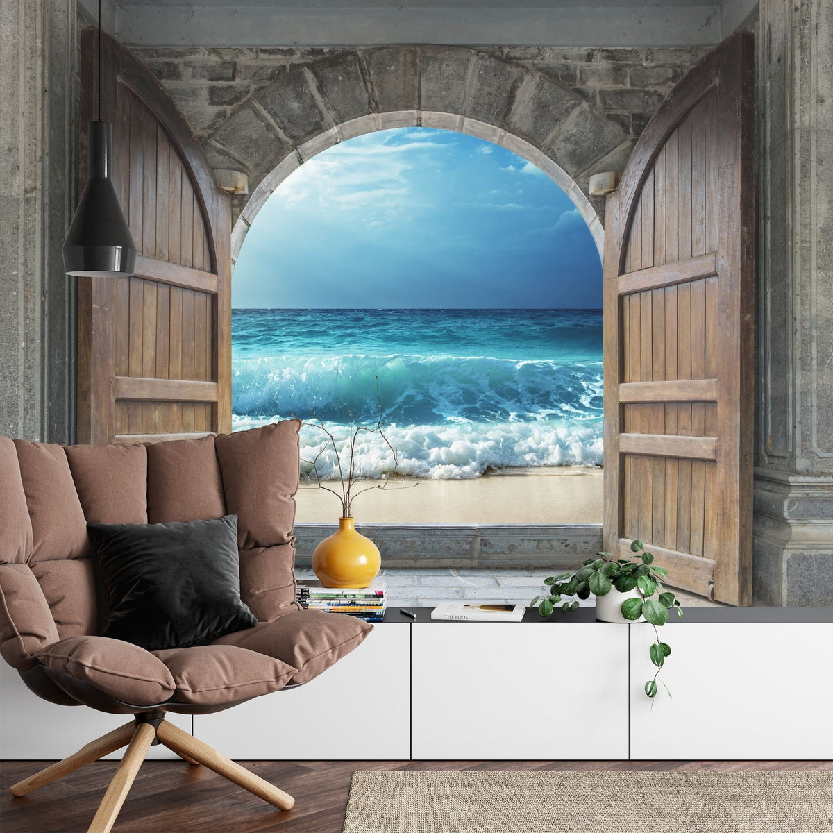 3D Castle Doorway to Sandy Beach and Ocean Wall Mural - product image 6