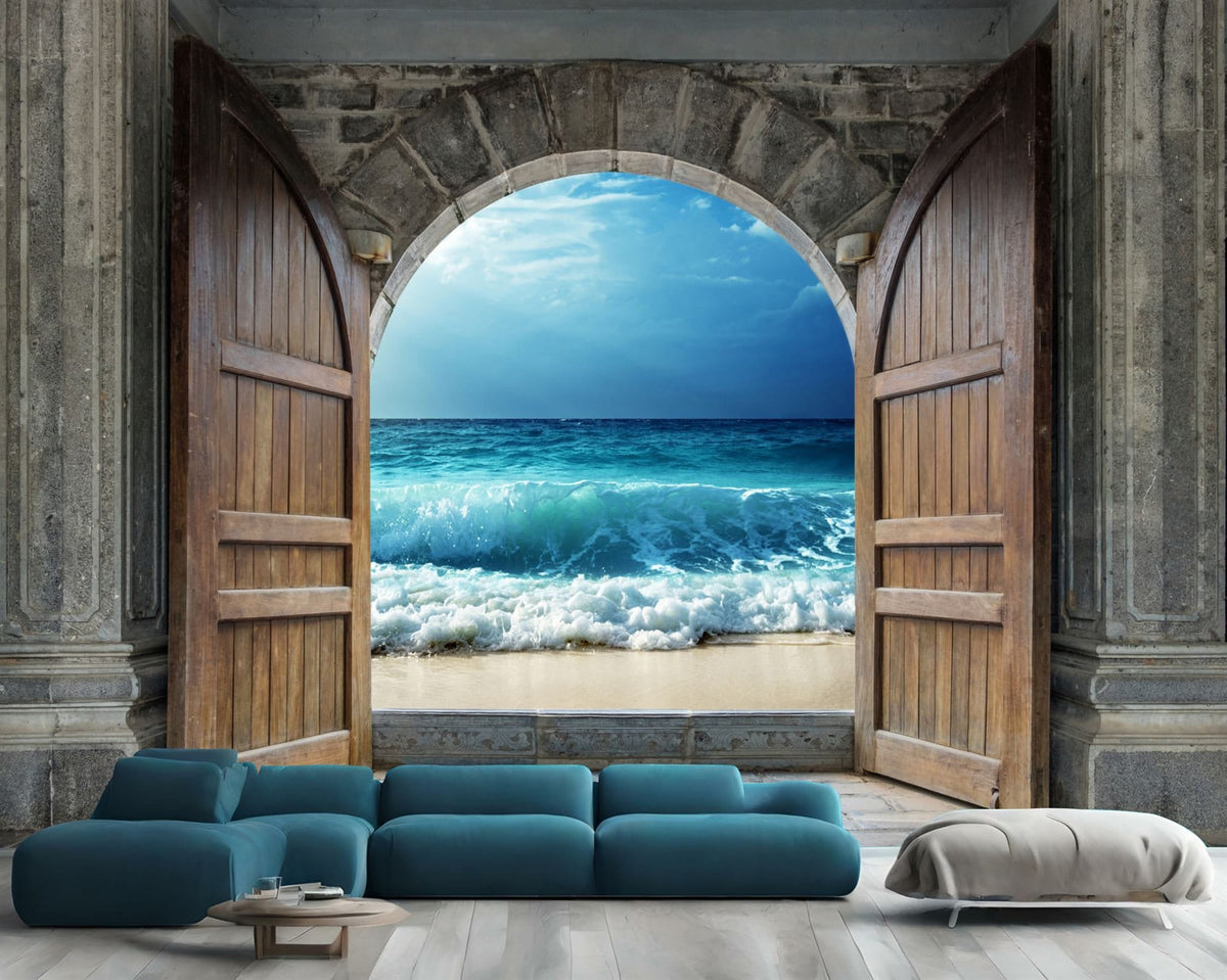 3D Castle Doorway to Sandy Beach and Ocean Wall Mural - product image 1