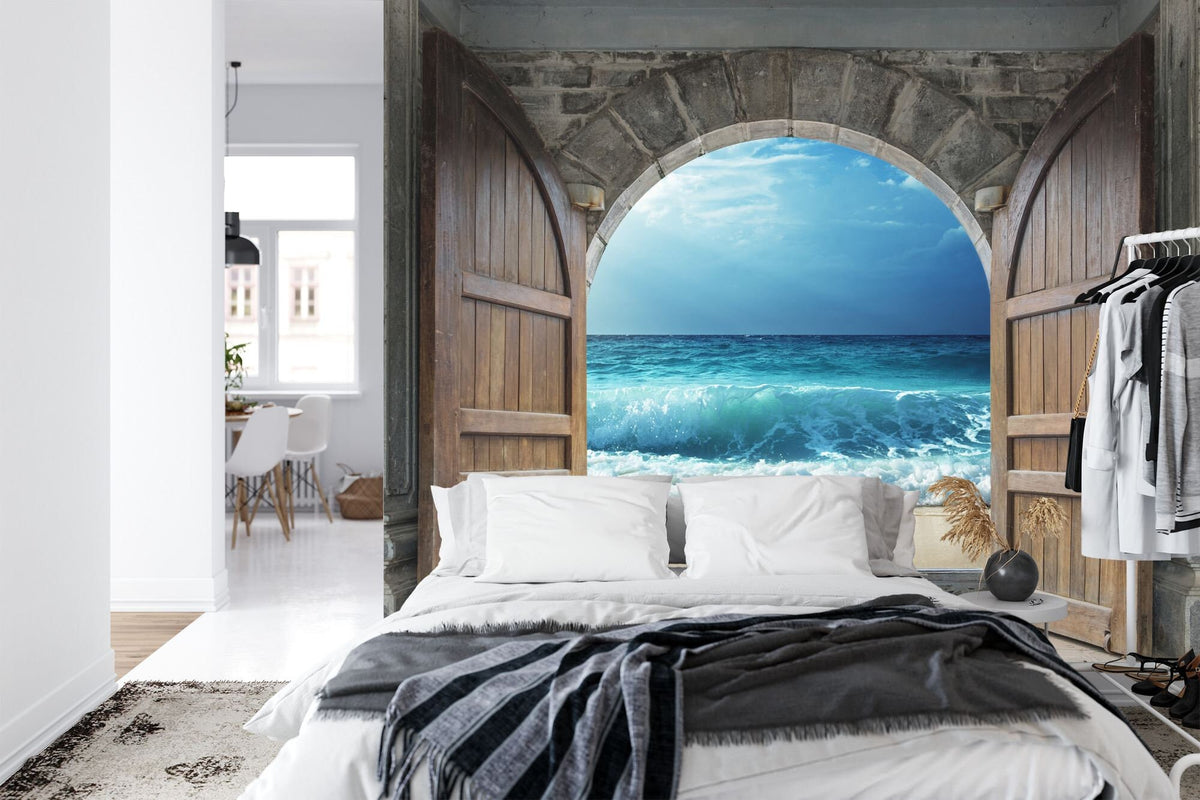 3D Castle Doorway to Sandy Beach and Ocean Wall Mural - product image 4