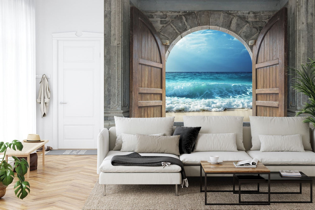 3D Castle Doorway to Sandy Beach and Ocean Wall Mural - product image 2