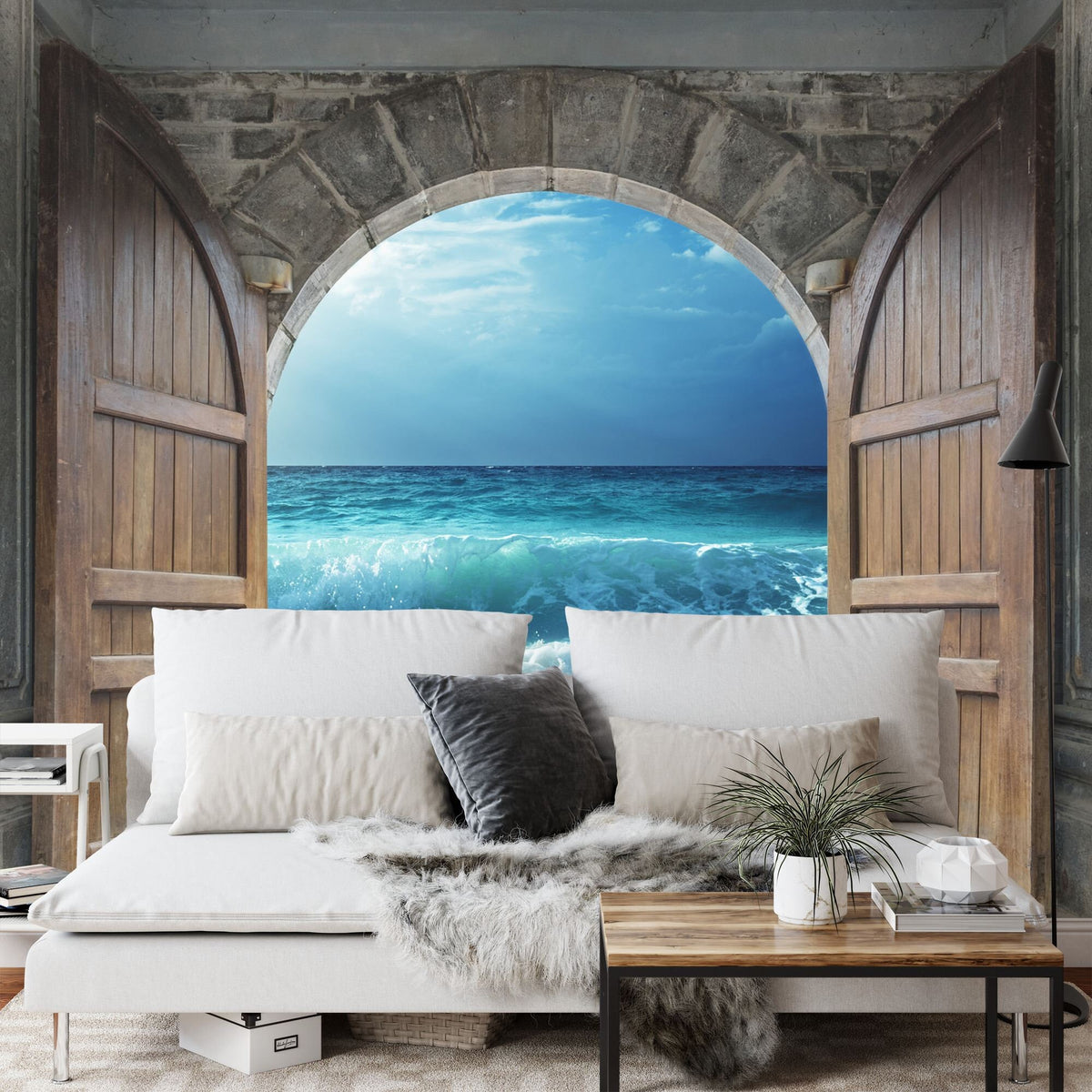 3D Castle Doorway to Sandy Beach and Ocean Wall Mural - product image 5