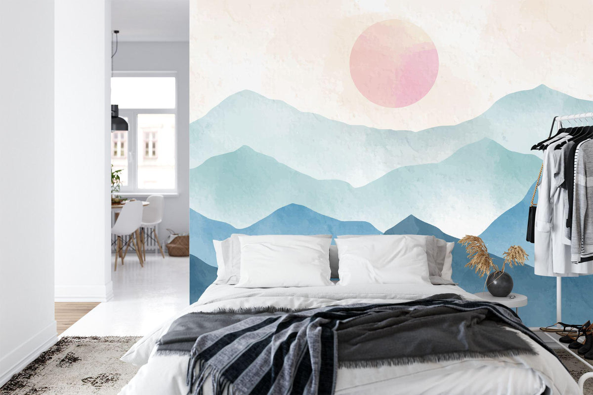 Boho Blue Mountains and Pink Sun Watercolor Wall Mural - product image 4