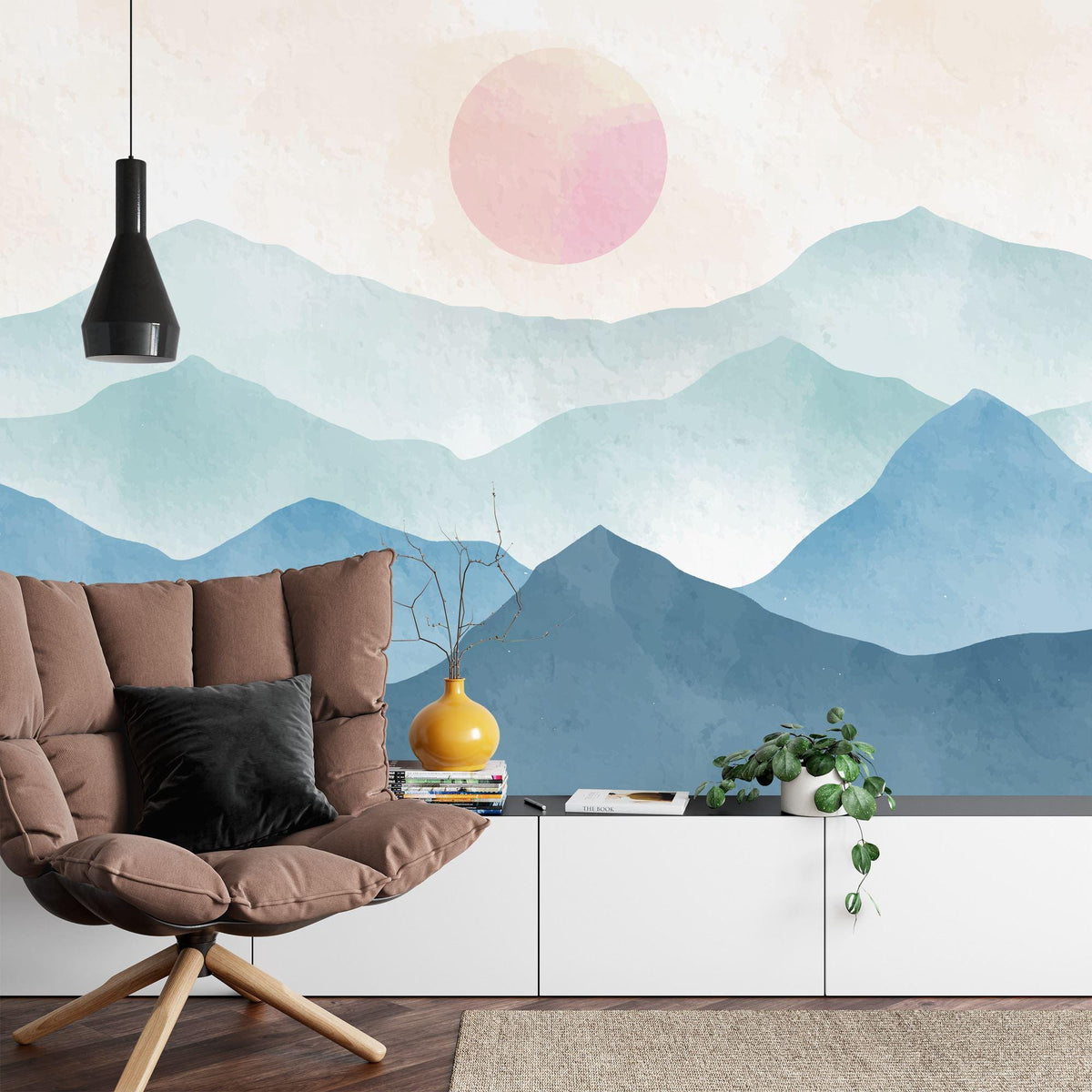 Boho Blue Mountains and Pink Sun Watercolor Wall Mural - product image 6