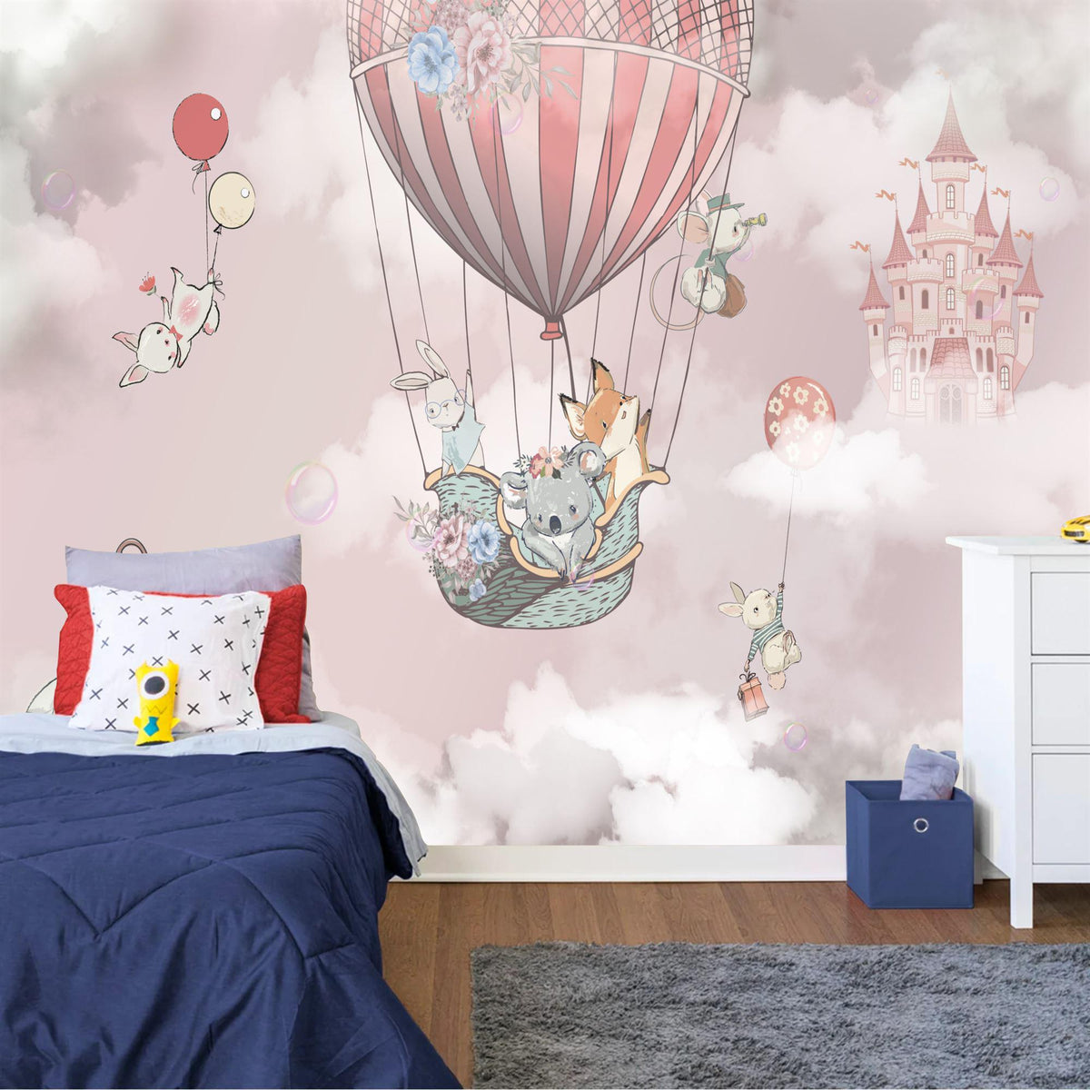 Whimsical Animals in Hot Air Balloons Nursery Wall Mural - product image 1