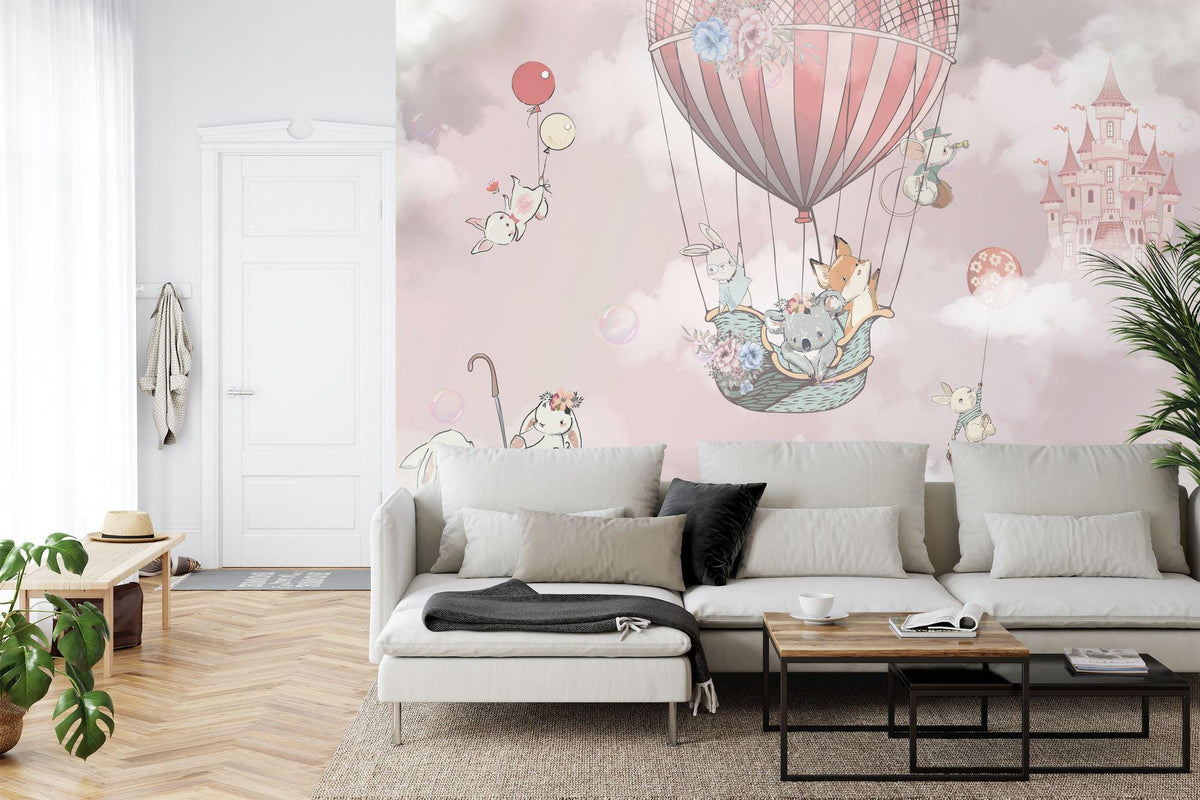Whimsical Animals in Hot Air Balloons Nursery Wall Mural - product image 2