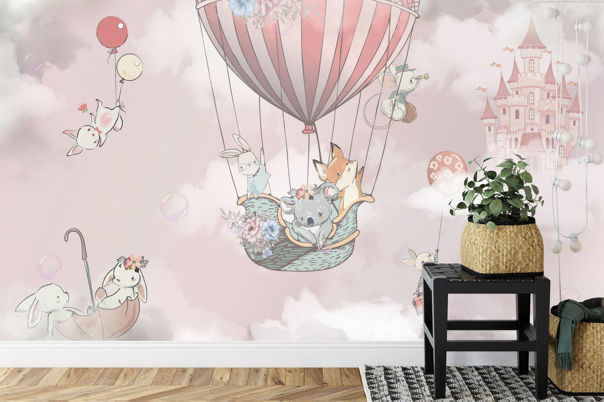 Whimsical Animals in Hot Air Balloons Nursery Wall Mural - product image 3