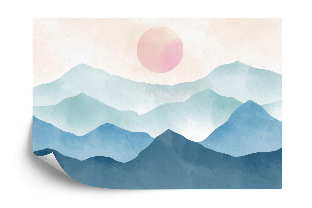 Boho Blue Mountains and Pink Sun Watercolor Wall Mural - product image 7