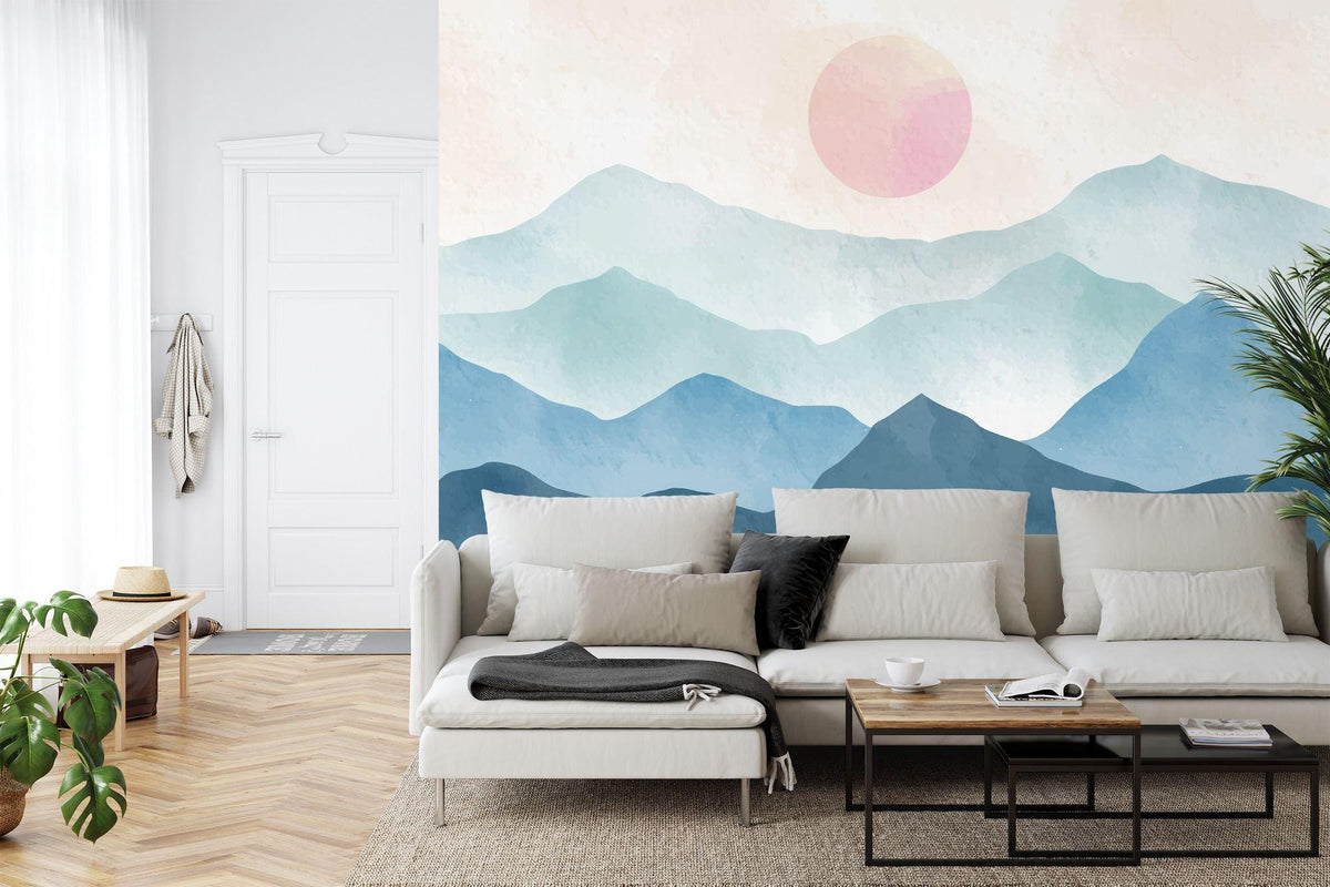 Boho Blue Mountains and Pink Sun Watercolor Wall Mural - product image 2