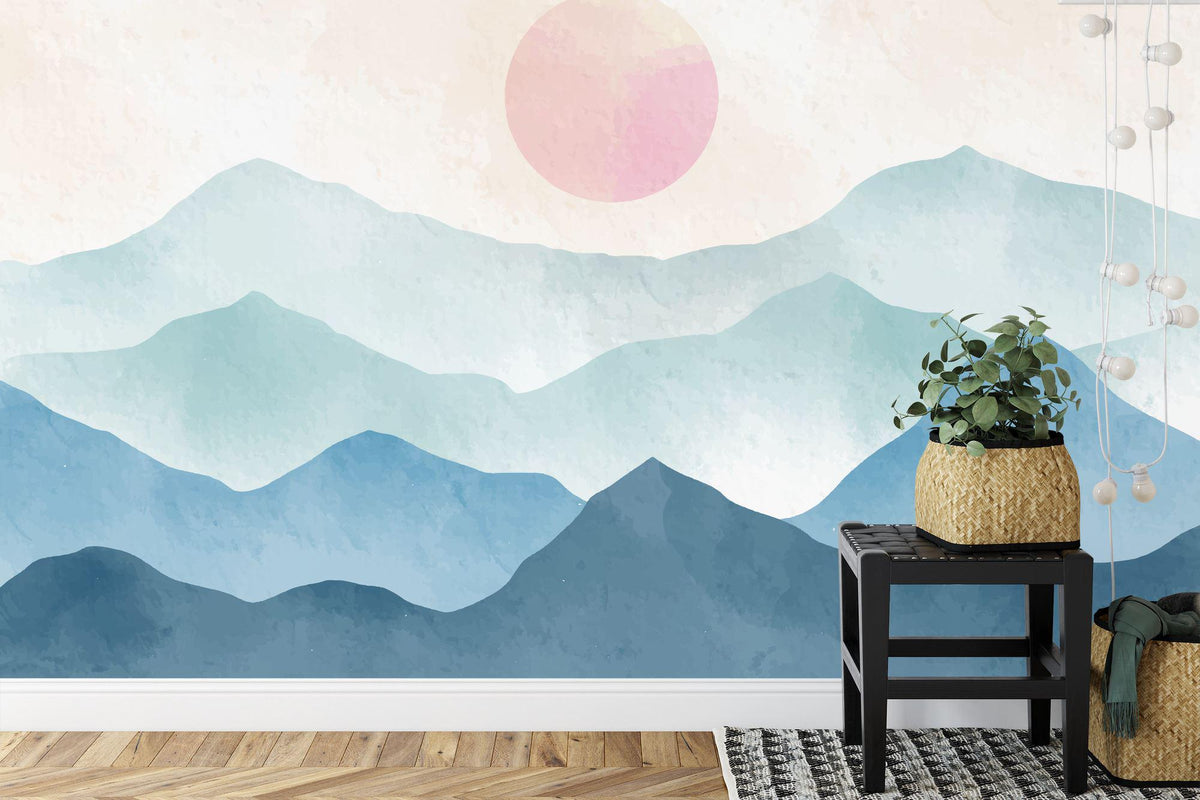Boho Blue Mountains and Pink Sun Watercolor Wall Mural - product image 3