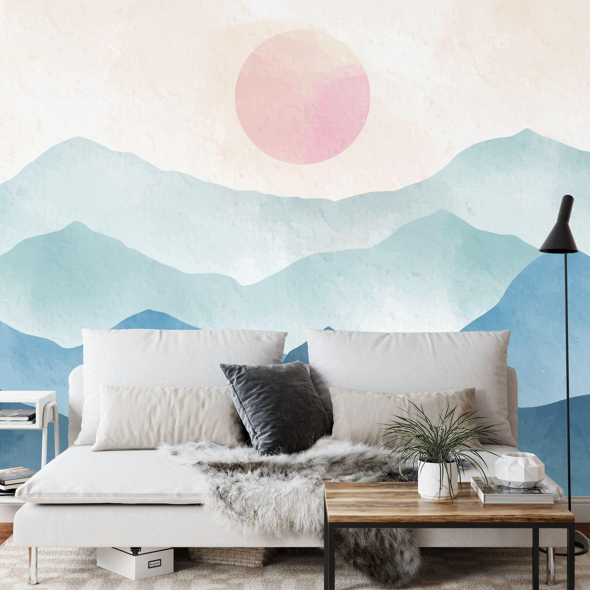 Boho Blue Mountains and Pink Sun Watercolor Wall Mural - product image 5
