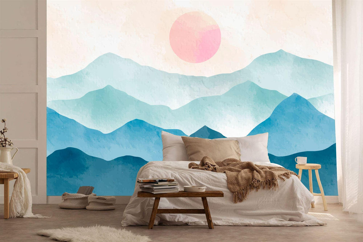 Boho Blue Mountains and Pink Sun Watercolor Wall Mural - product image 1