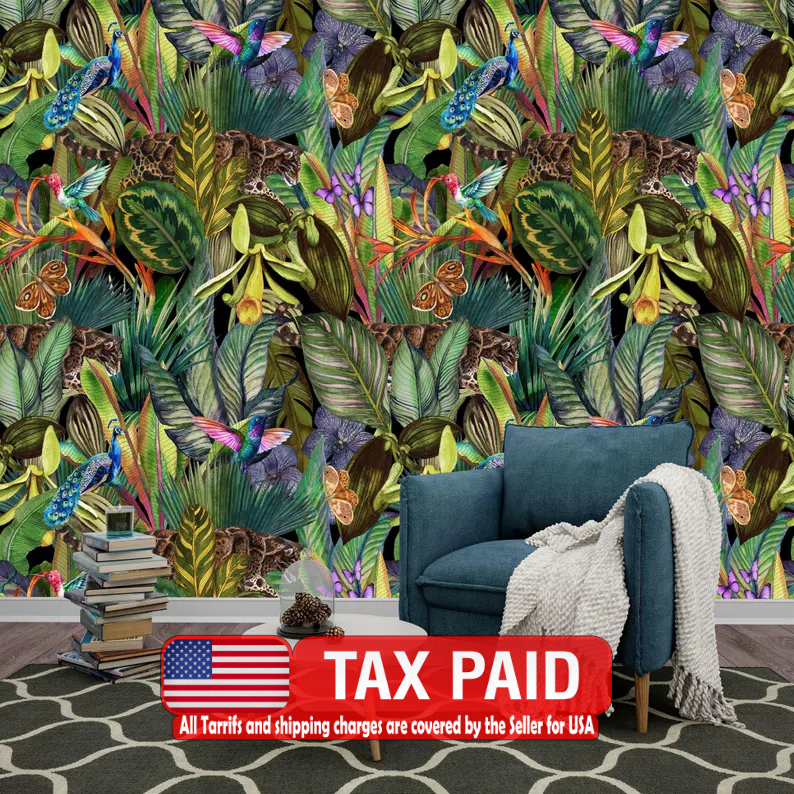 Watercolor tropical jungle wallpaper mural featuring lush green palm leaves and exotic foliage
