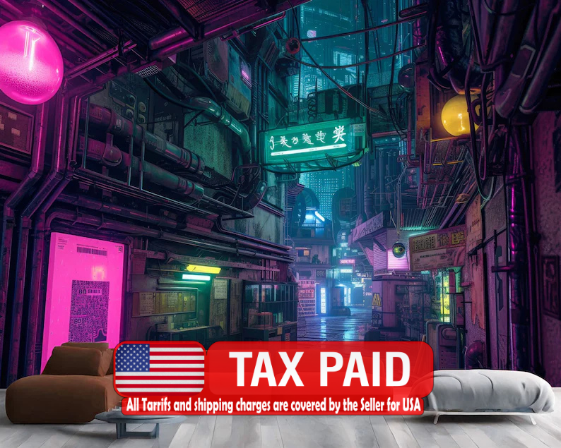 Neon cyberpunk city wallpaper mural with futuristic skyscrapers and vibrant pink and blue lighting
