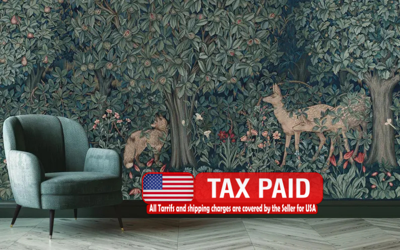 William Morris inspired woodland deer wallpaper in sage green with vintage botanical pattern
