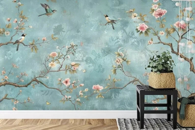 Classic chinoiserie painting mural with crane bird and gold sun motif