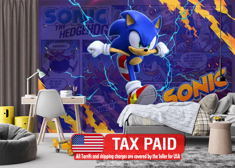 Sonic the Hedgehog kids room wallpaper mural featuring the iconic blue speedster