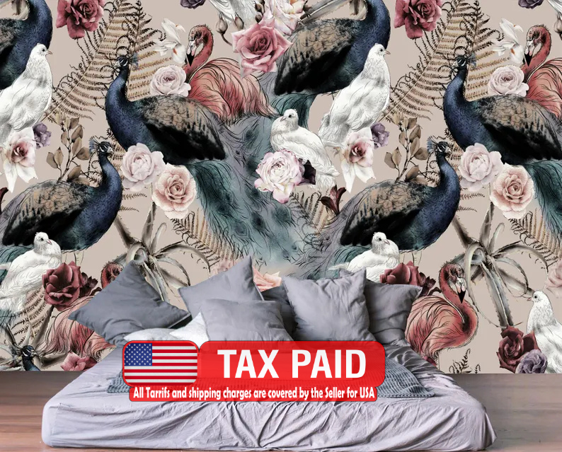 Floral bird wallpaper mural featuring colorful birds perched among blooming flowers and branches