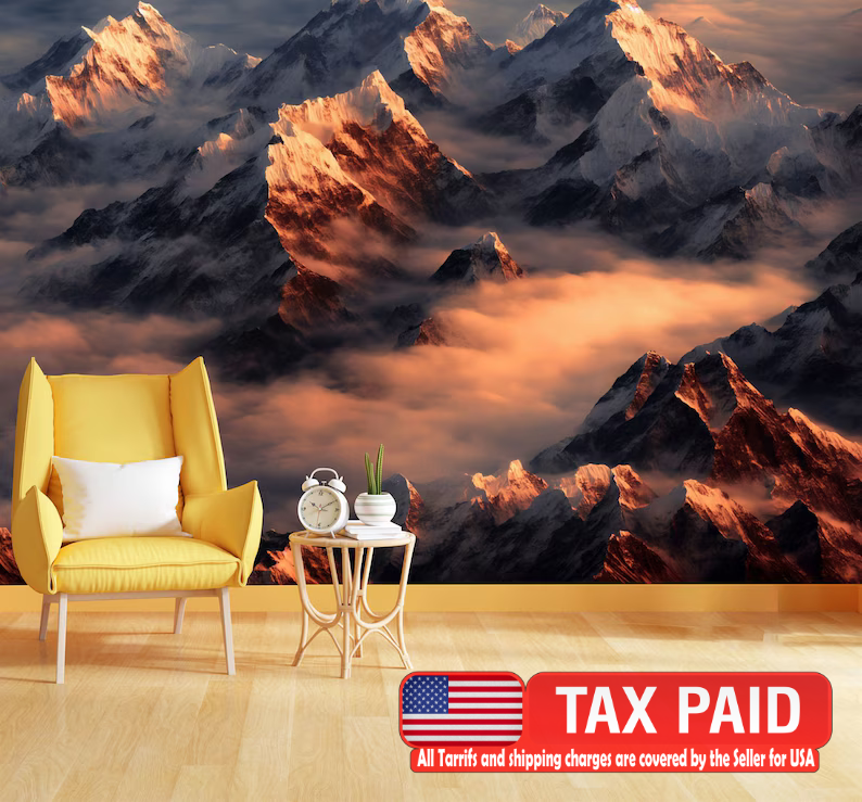 Himalayas View on Foggy Sunset Night Everest - majestic mountain landscape wall mural