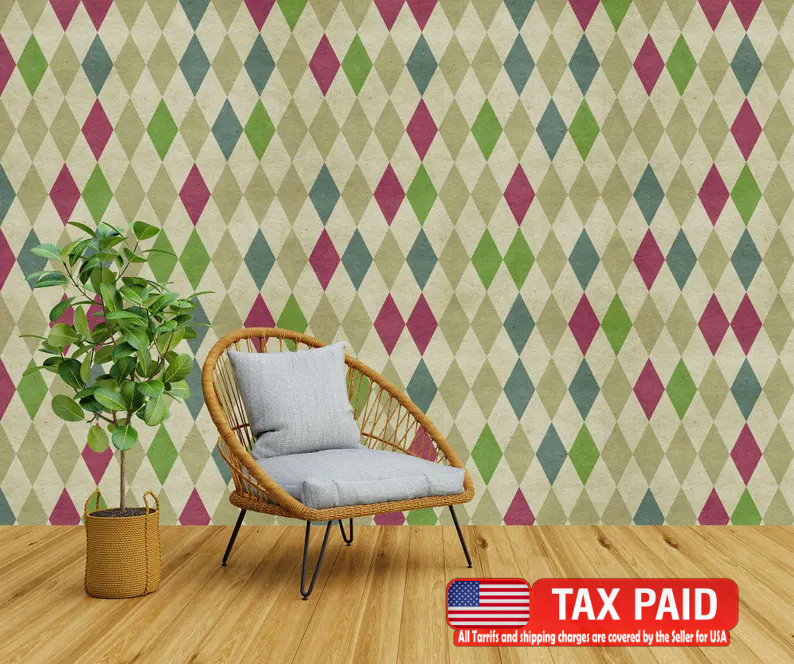 70s geometric wallpaper mural with retro diamond pattern