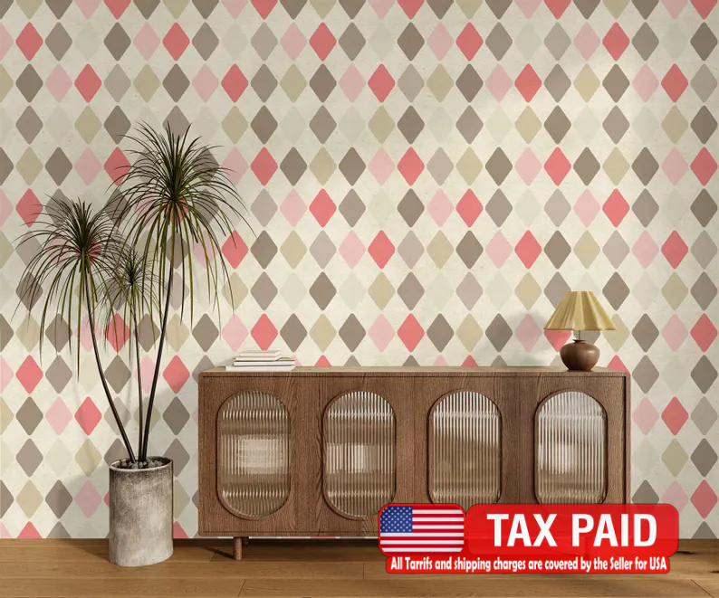 70s geometric wallpaper mural with retro diamond pattern