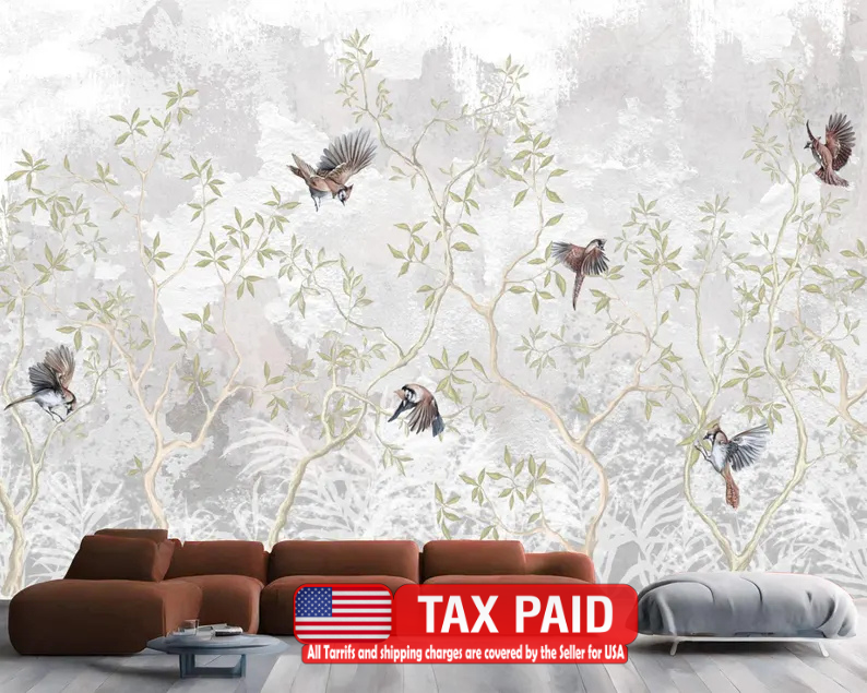 Illustration Wisteria Branches Flowers, Flying Birds - elegant floral wall art