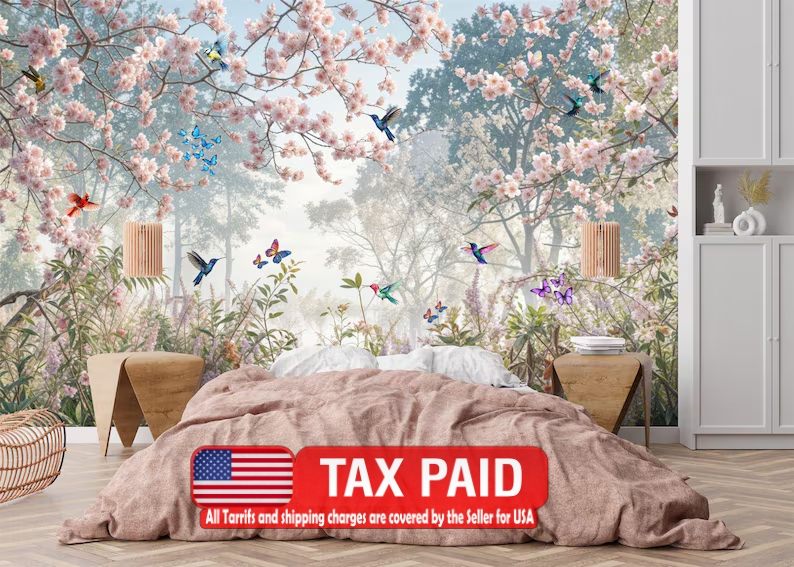 Stunning Meadow Garden Flowers Birds Wall - colorful floral wall mural with birds